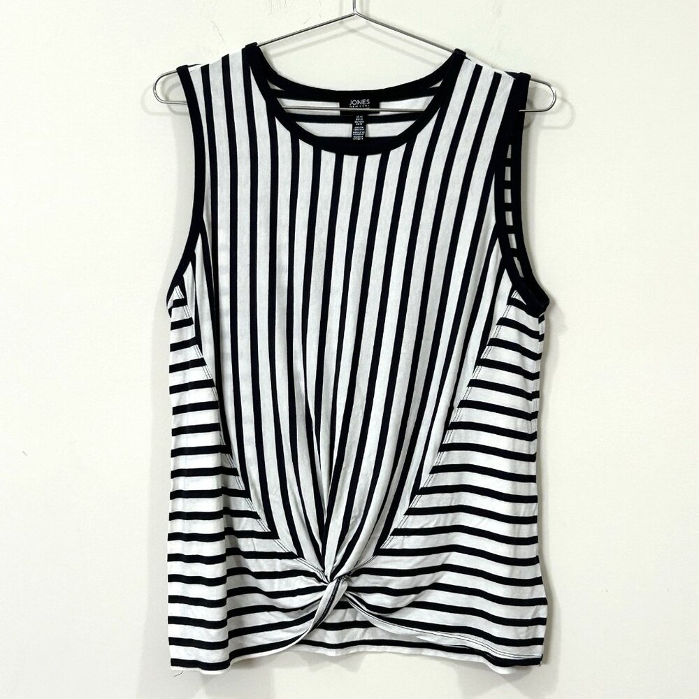 JONES NEW YORK SIGNATURE Navy White Stripe Sleeveless Knit Top Sz M Twist Hem